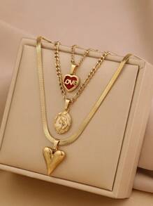 3pcs Stainless Steel Gold And Red Oil Drop Love Love Pendant Necklace Set For Women, Suitable For Daily Wear Or Gift Giving Valentines,Mom,Mother,Mother's Day,Gift