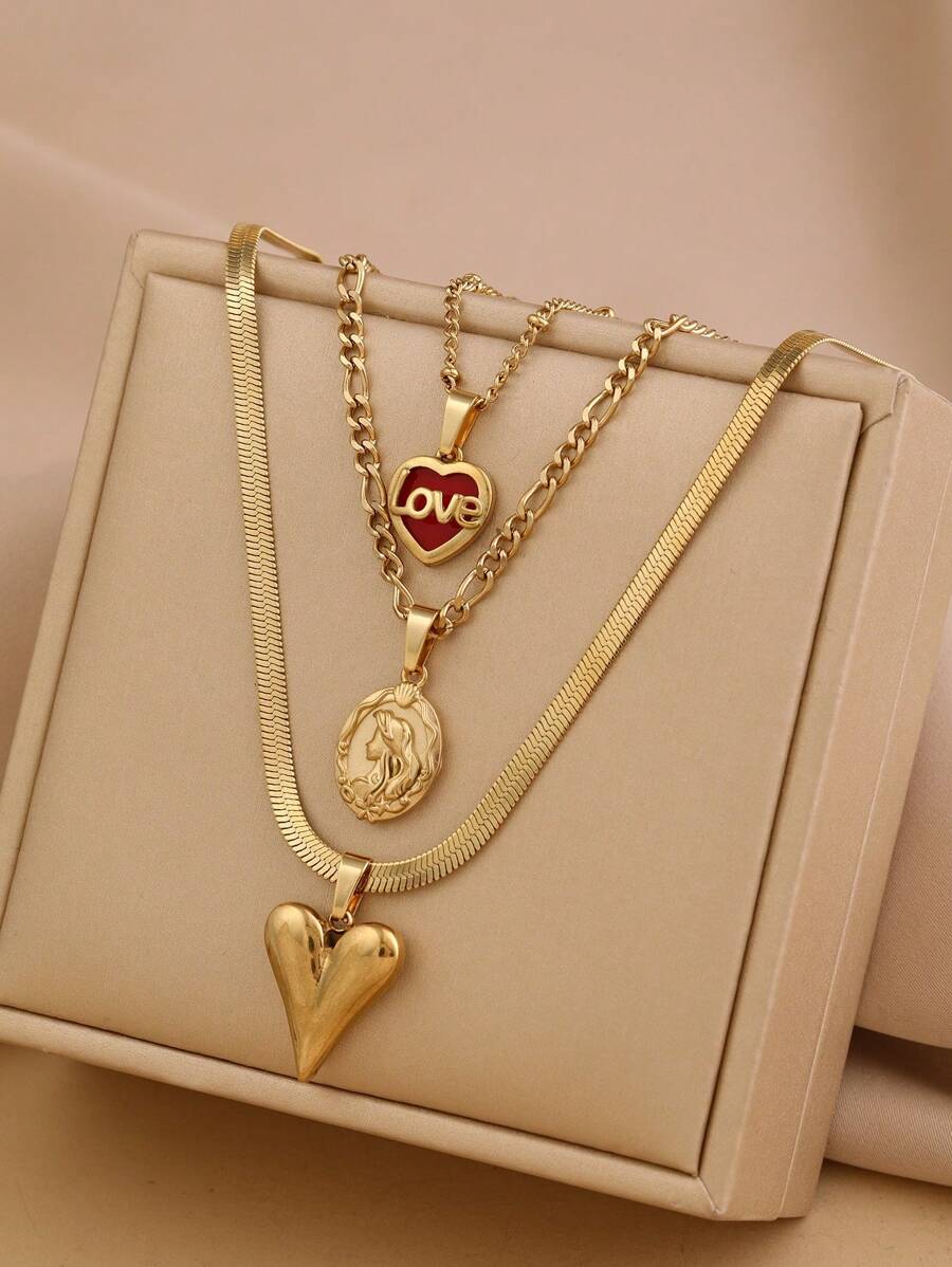 3pcs Stainless Steel Gold And Red Oil Drop Love Love Pendant Necklace Set For Women, Suitable For Daily Wear Or Gift Giving Valentines,Mom,Mother,Mother's Day,Gift