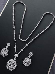 1 Set Cubic Zirconia Geometric Flower & Leaf Cube Necklace & Earrings Jewelry Set, Fashionable Valentine's Day Gift For Women, Suitable For Daily Wear - Flower Type - View 9