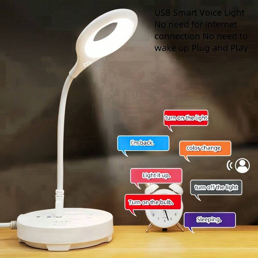 1入組360度旋轉ABS智能語音控制LED夜燈，USB供電，適用於床邊和桌上，適合護理和照明