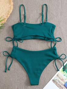 Drawstring Tie Side Ribbed Knit Bikini