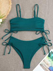 Drawstring Tie Side Ribbed Knit Bikini