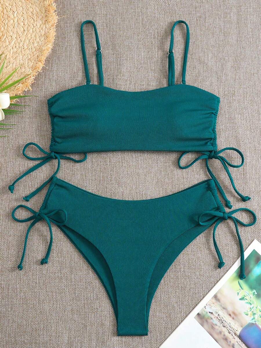Drawstring Tie Side Ribbed Knit Bikini