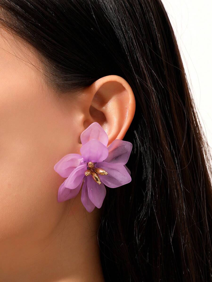 1pair Double-Layer Immortal Rose Petal Shaped Ladies' Earrings, Vintage Style Versatile Ear Studs Valentines - Purple - View 1