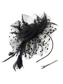 D EXCEED 1/4 件迷人帽子，带花朵网眼丝带羽毛，头带和夹子，适合女士茶会头饰，适合鸡尾酒教堂婚礼派对肯塔基赛马会