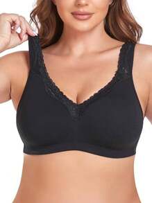 Sujetador de algodón inalámbrico para mujer, ropa interior para dormir diaria, camiseta cómoda - Negro - Ver 2