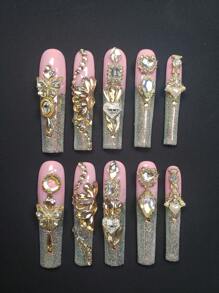 10 件 Y2K 超长 3D 手工按压指甲奢华重工业模型水钻金属水钻和人造珍珠装饰特殊形状水钻方形长指甲形状，1 个指甲锉和 1 个指甲胶，适合女孩和女士节日派对和日常佩戴礼物美甲美甲沙龙 - 珊瑚粉 - 查看 2
