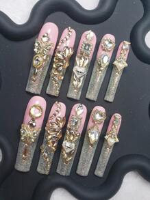 10 件 Y2K 超长 3D 手工按压指甲奢华重工业模型水钻金属水钻和人造珍珠装饰特殊形状水钻方形长指甲形状，1 个指甲锉和 1 个指甲胶，适合女孩和女士节日派对和日常佩戴礼物美甲美甲沙龙 - 珊瑚粉 - 查看 3