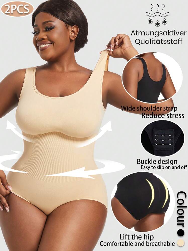 2pcs Plus Size Women s Wide Strap Shapewear Bodysuit SHEIN UK