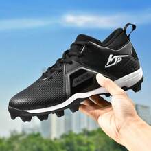 A Pair Of Classic Leather Men's Rugby Cleats, Breathable Long-Stud Baseball Shoes For Professional Games Of Hockey And Softball, Lawn Slip-Resistant Classic AG Rugby Shoes - Black - View 6