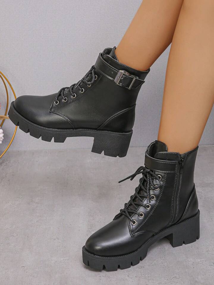 Women s New Style Boots Fashionable Chunky Heeled Dress Boots With Front Lace Up British Style Side Zipper Ankle Boots SHEIN EUQS