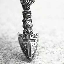1pc Men's Arrow Shield Cross Pendant Necklace Retro Celtic Rune Punk Accessory Gift - Silver - View 5