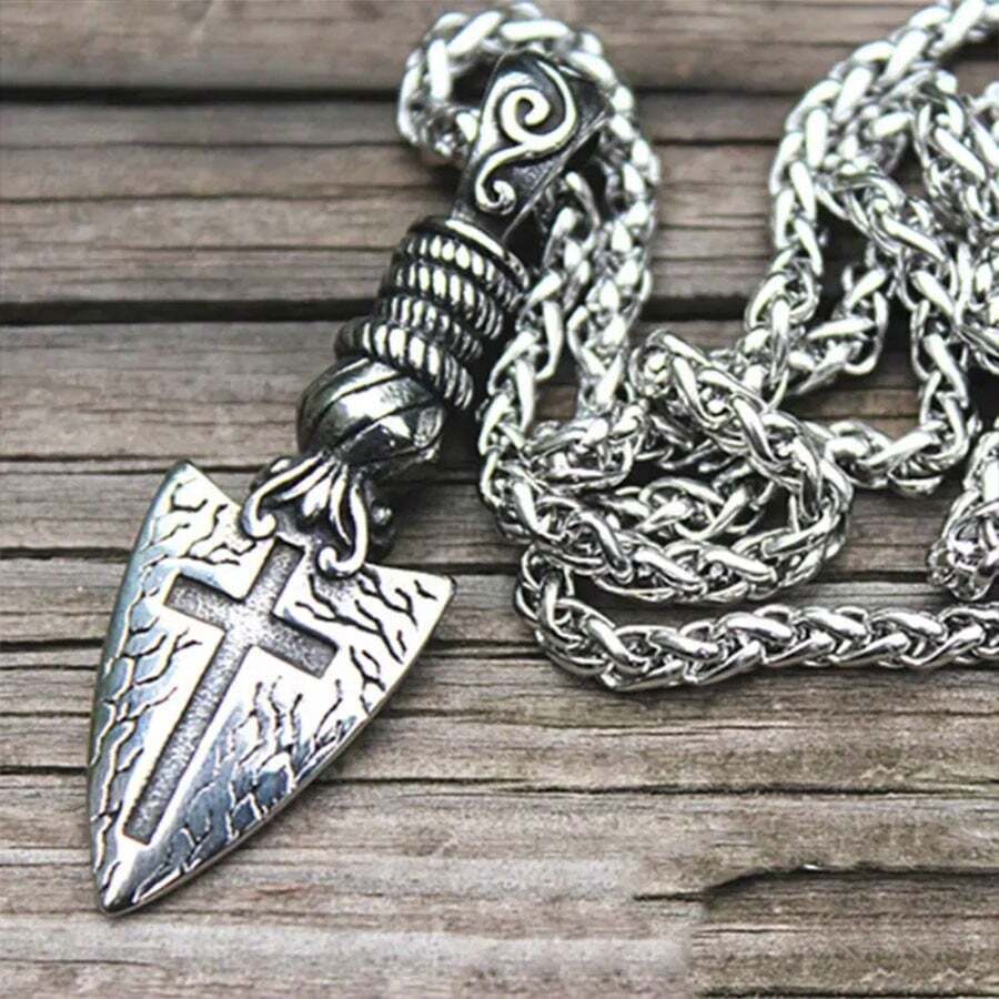 1pc Men's Arrow Shield Cross Pendant Necklace Retro Celtic Rune Punk Accessory Gift - Silver - View 1