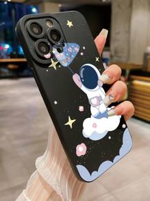 1pc Cute Astronaut Cloud Catching Star Anti-Fingerprint Frosted Matte Eye-Shaped Phone Case Compatible With Apple/Samsung/Xiaomi/Redmi/VIVO/Infinix/OPPO/Reno - Black - View 5