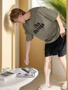 Men's Summer Pajamas Short Sleeve Round Neck Leisure Print Homewear Shorts Set, Vacation