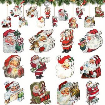 24 件复古圣诞饰品装饰套装，包括圣诞老人和圣诞树，木制挂饰，适合圣诞派对的最佳礼物