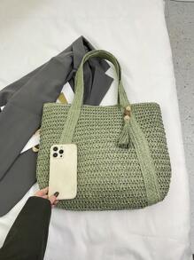 New Arrival torba plażowa o dużej pojemności z tkanej słomy, prosta i swobodna torba na ramię w stylu francuskim do codziennego użytku - Zielony - Zobacz 2
