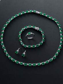 1 Set de Joyería con Cubos de Circonita Cúbica, Collar, Aretes, Anillo Ajustable, Pulsera, Regalo de Moda para el Día de San Valentín para Mujeres, Apto para Uso Diario