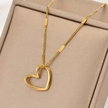 1pc Hollow Out Heart Design Gold-Color Women's Necklace, Sweet & Simple Clavicle Chain, Unique & Chic Heart-Shaped Stainless Steel Pendant For Daily Use, Gift Valentines,Mom,Mother,Mother's Day,Gift