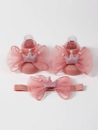 1pc Baby Mesh Bow Headband + 1pair Infant Anti-Slip Floor Socks