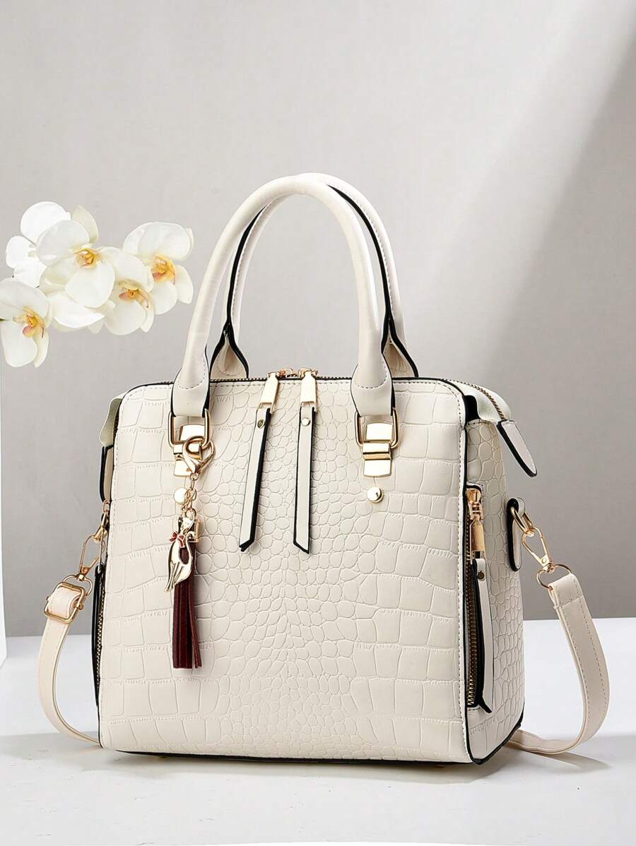 女士鳄鱼纹手提包，白色纯色时尚真皮斜挎包，大容量通勤手提包，经典奢华 PU 皮革手提包，时尚顶部提手单肩包，时尚纹理斜挎包，女士奢华手提包，单肩包和钱包，女士办公室和工作钱包时尚办公包和女士商务休闲包，非常适合办公室、商务和工作，时尚女士工作包，适合日常优雅和特殊场合 - 白色 - 查看 1