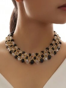 1pc Fashionable Triple Row Braided Crystal Bead Women's Necklace