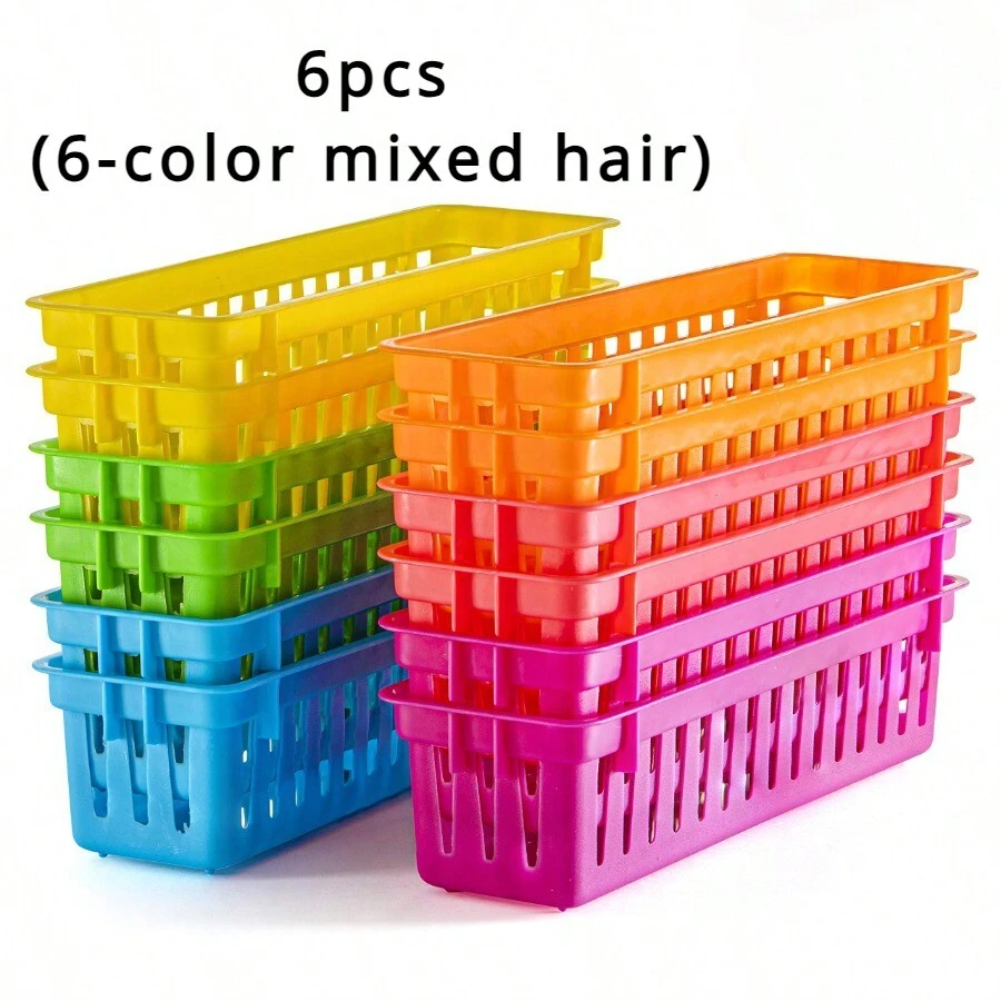 6pcs Multi-Color Rectangular Storage Basket, Plastic Stationery Basket, Classroom Storage Stationery Storage Device, Desktop Stationery Storage Office Supplies Basket, Home And Office Supplies, Back To School Supplies Art Supplies (6-Color Mixed Hair) - Multicolor - View 1