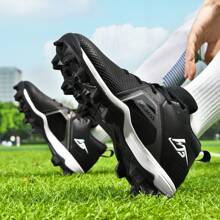 A Pair Of Classic Leather Men's Rugby Cleats, Breathable Long-Stud Baseball Shoes For Professional Games Of Hockey And Softball, Lawn Slip-Resistant Classic AG Rugby Shoes - Black - View 9