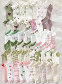 9雙/包，隨機彩色，可愛卡通甜美蕾絲拼接JK蘿莉塔風格時尚短襪 - 彩色 - 查看 2