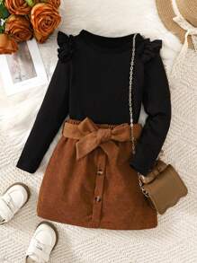 Conjunto de 3 piezas para niñas de 4 a 7 años, que incluye: blusa de manga larga con mangas cortas en negro, falda de pana de princesa con cinturón, conjunto de moda para uso diario, escuela y fiestas