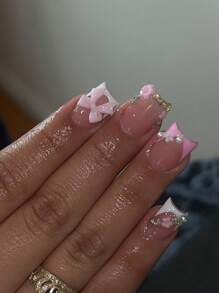 Sanrio Add A Touch Of Romance With 24pcs Short Square Classic Simple French Style Pink Bow-Knot Faux Pearl Decot And Elegant 3D Floral Rhinestone Decor Full Cover Fake Press On Nail Kit Will Give Your Look A Sweet Lovely Suitable For Daily Spring Dating Press On Nails