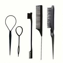 5 Stück Haarbürsten- & Flechtwerkzeug-Set, DIY Haarstyling-Werkzeug-Set inklusive Haarbürste für Haaransatz, Teasing Kamm, Rückenkamm und Topsy Tail Haarstyling-Werkzeuge, Reiseaccessoires, Schul- und Urlaubsaccessoires, Haaraccessoires für Frauen, Bürste, Haarbürsten, Haaransatzbürste, Haarbürste, Haarkamm, Kämmen, Entwirrbürste, Ballbürste, Mini-Haarbürste, Haarbürstenset, Holzkamm