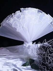 5pcs/3pcs/1pc Pearl Wave Organza Floral Wrapping Paper Set For Flower Bouquet Decoration, White Mesh Organza With Embroidered Edges, Mother's Day Creative Wrapping & Filling Materials, Latest Design 2024