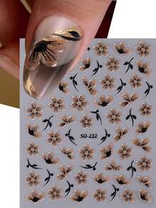 2入組簡約花朵指甲貼紙，棕色花卉藤蔓全息膜貼紙指甲藝術圖案DIY自黏式滑片美甲裝飾女士指甲用品 - 彩色 - 查看 2