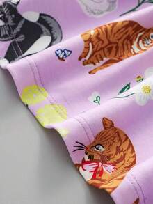 Young Girl Casual Short Sleeve Cat Print Dress, Summer Breathable Design For Outdoor - Lyserød - Vis 6