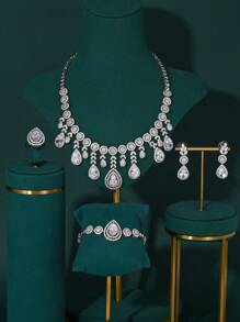 4-Piece European & American Style Bridal Jewelry Set: Blue Zirconia Necklace, Earrings, Ring, And Bracelet, Suitable For Dubai Wedding Dress, Middle Eastern Arabic Formal Gown, Valentine's Day Gift