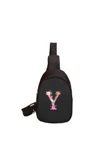 1 件迷你男孩和女孩尼龙拉链时尚胸包，字母印花休闲包适合日常使用 - 黑色 - 查看 24