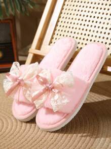 Spring/Autumn/Winter Women's Bowknot Fluffy Slippers, Silent & Lightweight Indoor House Slippers With Plush Design, Suitable For Postpartum Recovery
