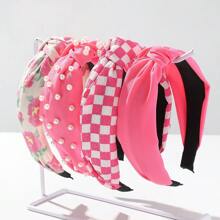 4pcs Fabric Faux Pearls Checkerboard Floral Wide Knotted Elegant Y2K Headbands In Solid Pink, Rose Red, Black, Yellow, Beauty, Home, Hair Accessories - Multicolor - View 10