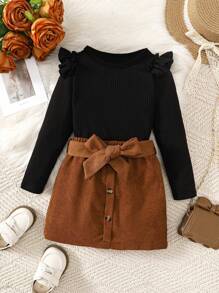 Conjunto de 3 piezas para niñas de 4 a 7 años, que incluye: blusa de manga larga con mangas cortas en negro, falda de pana de princesa con cinturón, conjunto de moda para uso diario, escuela y fiestas