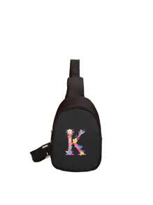 1 件迷你男孩和女孩尼龙拉链时尚胸包，字母印花休闲包适合日常使用 - 黑色 - 查看 22