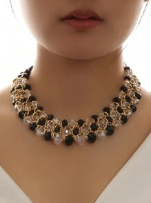 1pc Fashionable Triple Row Braided Crystal Bead Women's Necklace