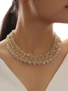 1pc Fashionable Triple Row Braided Crystal Bead Women's Necklace