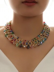 1pc Fashionable Triple Row Braided Crystal Bead Women's Necklace