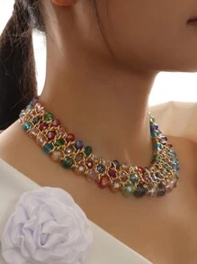 1pc Fashionable Triple Row Braided Crystal Bead Women's Necklace
