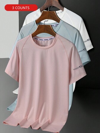 paquete básico de 3 camisetas de manga corta con cuello redondo, estampado de letra en el bajo, estilo casual y deportivo (rosa claro + azul + blanco)