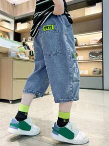 字母印花縫補細節七分牛仔褲，適合青少年男孩 - 藍色 - 查看 5