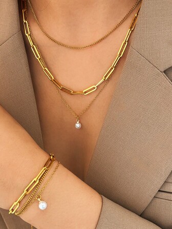 Aomogo 2pcs/Set Fashionable Elegant Versatile Stainless Steel Multi-Layer Pearl & Heart Bracelet + Necklace, Suitable For Women To Wear Anytime