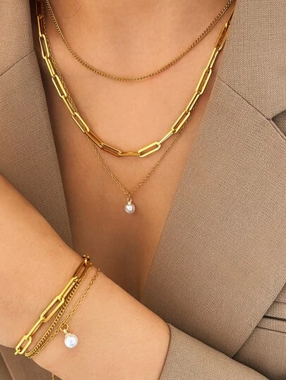 Aomogo 2 pièces/set Bracelet et collier élégants et polyvalents en acier inoxydable avec perles et cœurs multicouches, convenant pour les femmes à porter à tout moment