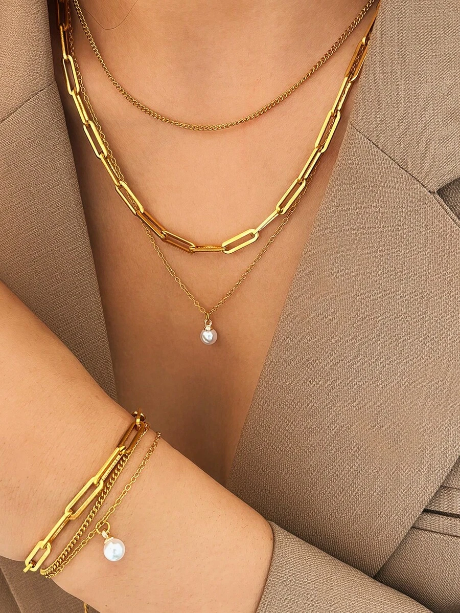 Aomogo 2件套时尚优雅百搭不锈钢多层珍珠心形手链+项链，适合女性随时佩戴 - 項鍊+手鍊 - 查看 1